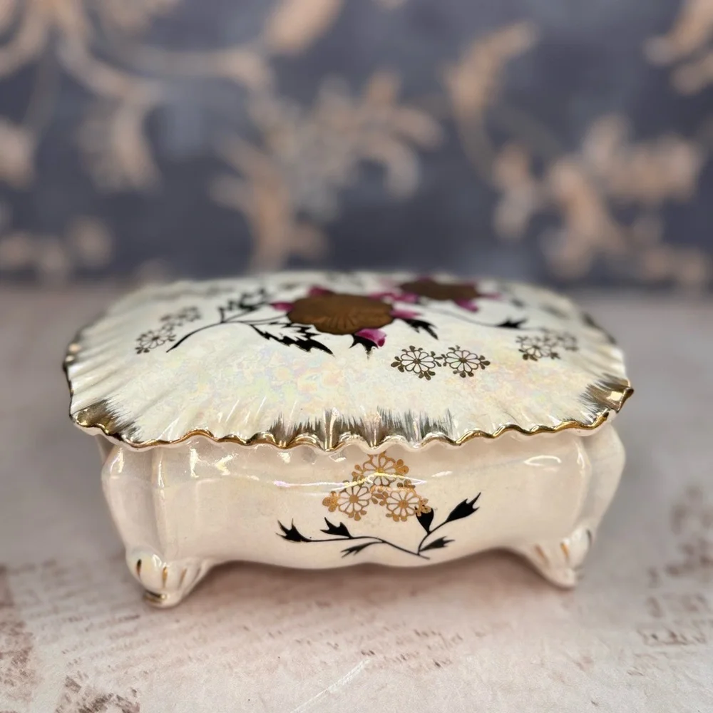 Vintage Japanese Hand-Painted Porcelain Trinket Box Floral Iridescent